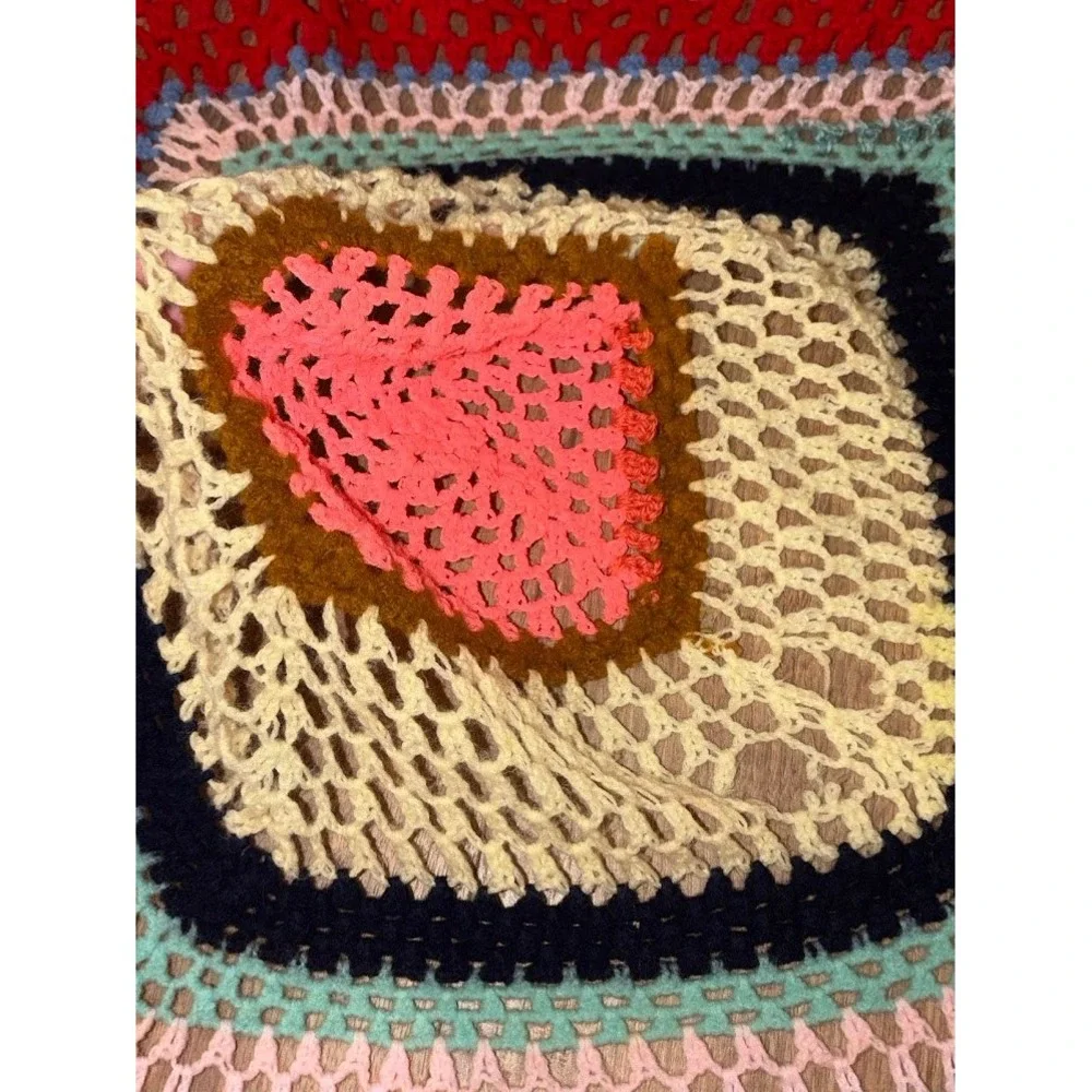 Vintage Handmade Crochet Square Tablecloth Multi Color Boho Granny Square 30x30